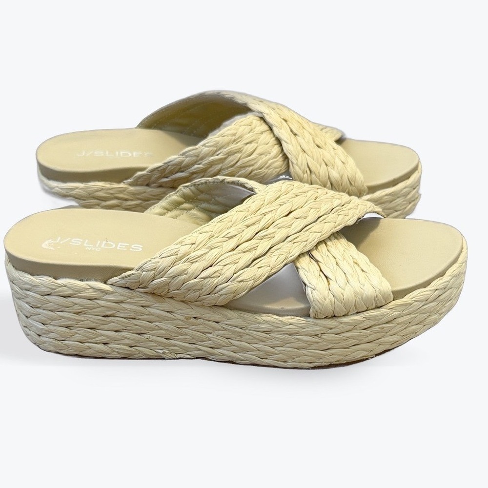 J/Slides NYC Womens 9 Beige Woven Straw Raffia Crisscross Platform Slide Sandals
